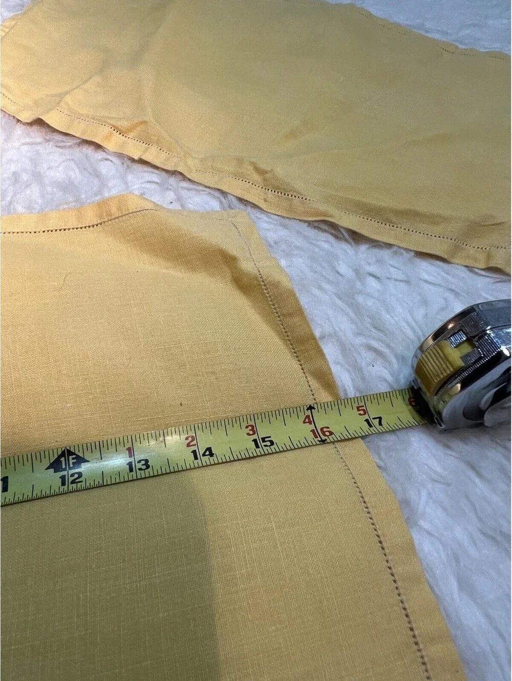 Vintage Set of 3 napkins & placemats Yellow linen hemstitch border.